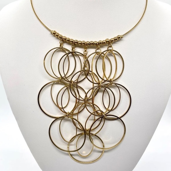 Bohemian BoHo Disco Dressy Gold Tone Chain Link Circle Loop Bib Choker Necklace - Picture 5 of 14